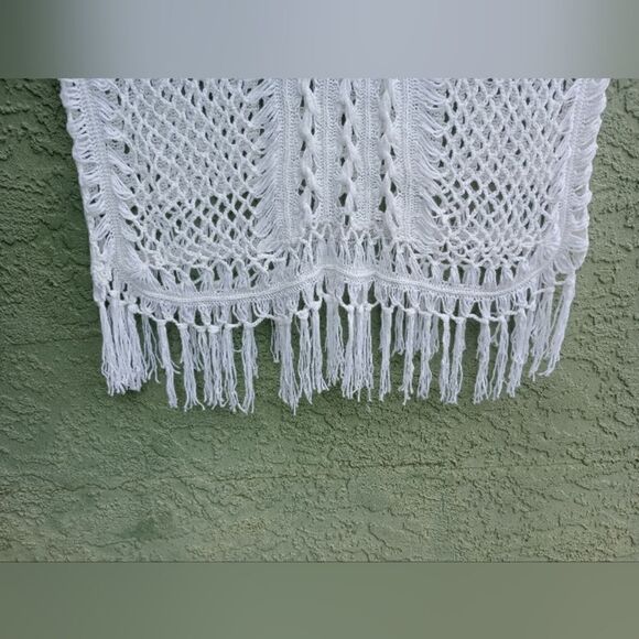 NWT ALLEGRA Gorgeous White Knit See-Thru Round Neck Cover-up w/Tassels Large - Picture 9 of 10